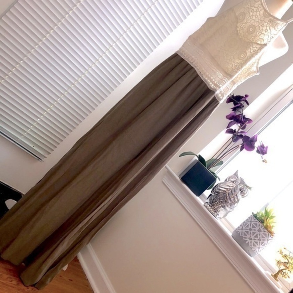 Y2K INSPIRED HEARTS Retro Bohemian Vanilla Lace & Olive Slit Halter Maxi, Small